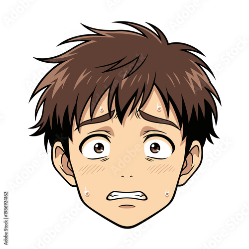 Anime style illustration of a young mans face expressing fear.