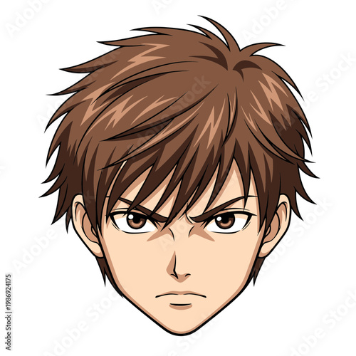Anime style illustration of a young mans face with a determined expression.