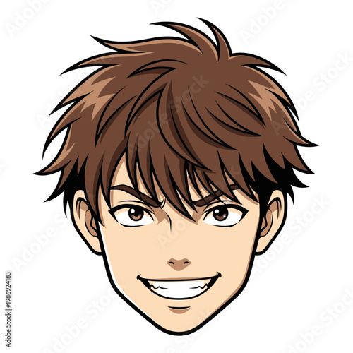 Anime style illustration of a young mans face with a determined smile.