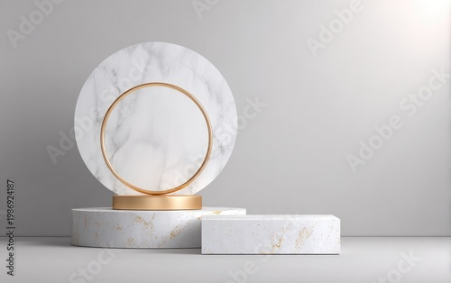 A luxurious abstract stage showcases a round marble backdrop with a golden ring, atop a cylindrical and rectangular pedestal