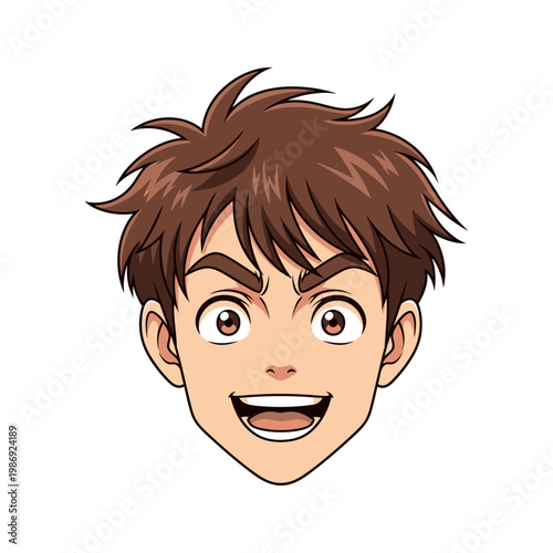 Anime style illustration of a young mans face with a happy expression.