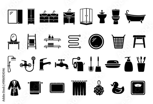 Collection of bathroom equipment and furniture icons. Set of plumbing fixture, sanitary accessory and hygiene object in flat black style. Professional interior design web element.