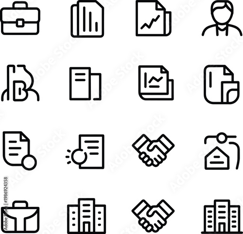 Business office icon set, professional vector symbols, corporate design elements, minimalist line illustration, agreement handshake, real estate building, document chart