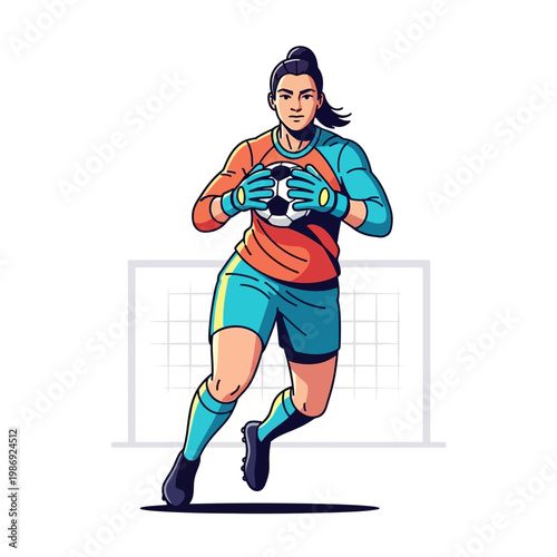 Female soccer goalkeeper, running, holding ball, sports illustration, athletic woman isolated on White Background
