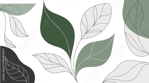 Minimalist botanical illustration with stylized leaves, abstract nature design, modern decorative artwork, green foliage, elegant plant outline, contemporary composition