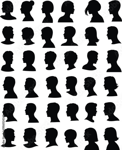 Human head silhouette icon set, diverse hairstyle profiles, minimalist side view design, black vector illustration, diversity concept, professional avatar symbols