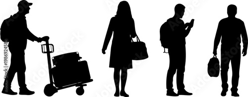 Travelers with luggage silhouettes, airport or station scene, flat design vector illustration