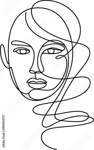 Minimalist continuous line drawing of human face, abstract portrait outline, modern art sketch, elegant facial features, contemporary artwork