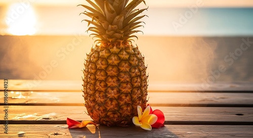 Whole pineapple on wooden planks at sunset beach with flowers.