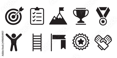 Business achievement icon set including target mountain flag trophy and medal for success and progress management.