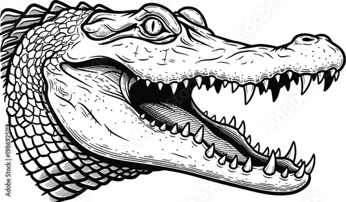 Vintage alligator head vector illustration, detailed crocodile mascot, black and white reptile art