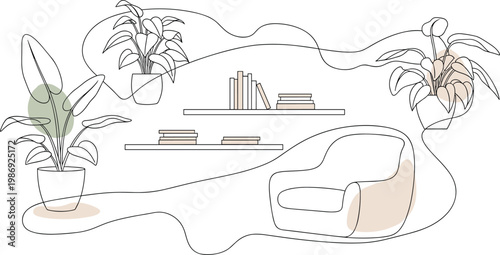 Minimalist interior line drawing with potted plants, floating shelves, books, modern armchair, cozy living room, abstract decorative artwork
