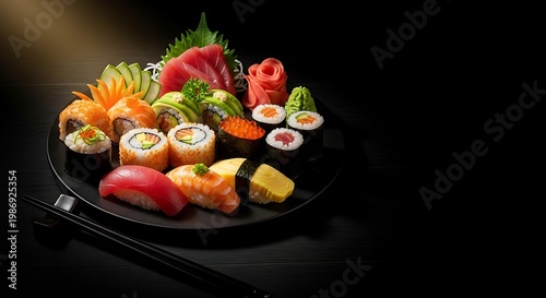 Creative sushi platter with salmon maki and nigiri arranged on dark round plate.
