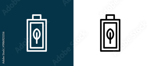Black and white eco battery outline icon duo, editable stroke vector illustration for web, mobile apps, UI design, branding, and print from Ecology Line