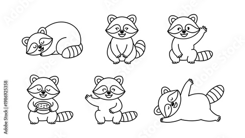 Cute Raccoon Daily Life Line Art Set Sleeping, Sitting, Waving and Relaxing Moments