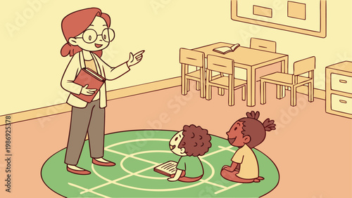 Preschool teacher reading story to diverse children sitting on round rug in playroom kindergarten.
