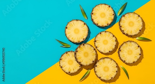 Fresh pineapple slices arranged on bright yellow and blue background with shadows.