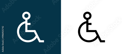 Black and white wheelchair outline icon duo, editable stroke vector illustration for web, mobile apps, UI design, branding, and print from Medical