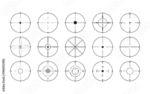 Collection of different target icons, set of various crosshairs for aiming, sniper sights, and focal points.