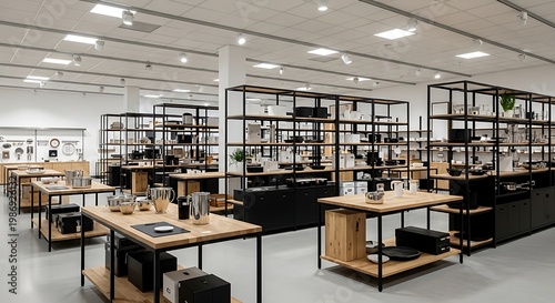 Interior of a modern kitchenware store with shelves and wooden display tables