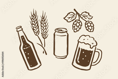 Beer set naive doodle vector illustration