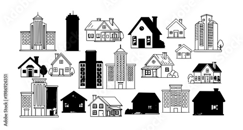 Modern house and building icon collection with home symbols in vector design isolated on white
