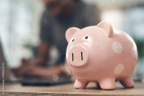 Konstfotografi Piggy bank, finance or person in home, savings for profit increase or mortgage payment