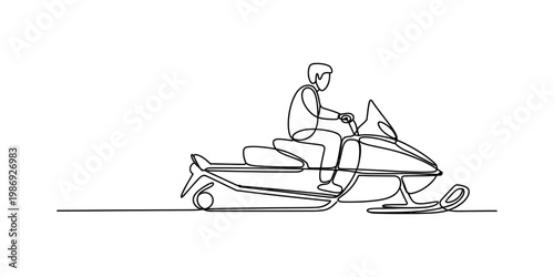 Continuous single line drawing of a person riding a snowmobile through the cold winter landscape Vector, illustration