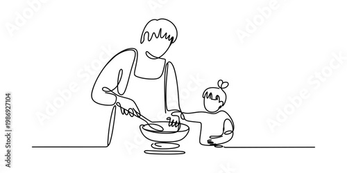 Continuous line art illustration of a parent and a child cooking together in the kitchen area Vector, illustration