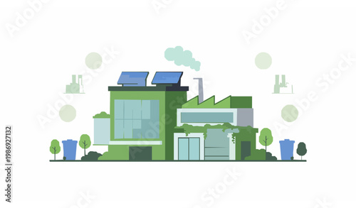 Eco friendly green factory building vector with sustainable industrial elements isolated on white background
