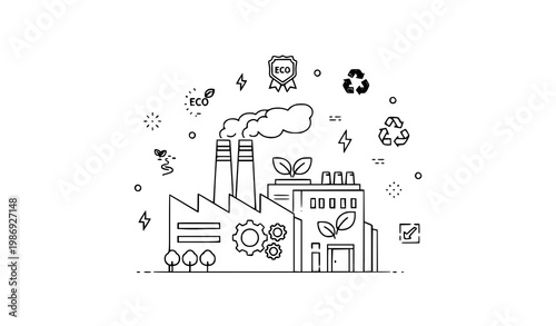 Minimal line art green factory vector with eco industry symbols and clean energy concept isolated on white