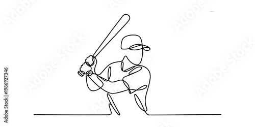 A single continuous line drawing of a baseball player preparing to swing a bat at the home plate. Vector, illustration