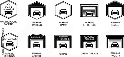 Black and White Icons for Various Parking Facilities and Concepts garage vehicle