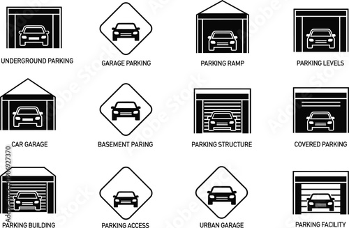 Black and White Icons for Parking Garages and Facilities vehicle underground