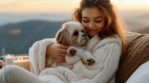 Young adult woman cuddling her small Shih Tzu dog while wrapped in a white cable knit blanket at sunset with mountain view.