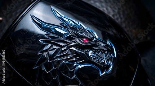 Close-up of a black dragon emblem with a red eye on a shiny surface