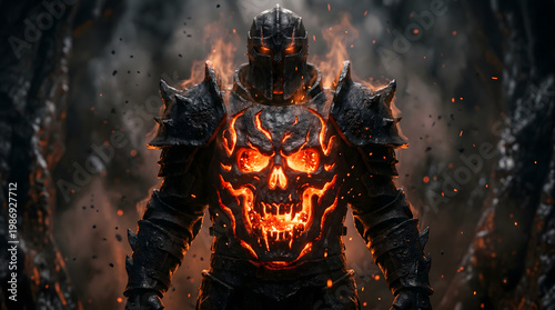 Fiery skull warrior stands amidst flames and smoke in dark armor