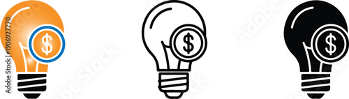 Three variations of a creative lightbulb vector illustration with a dollar coin