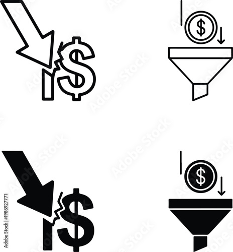 Minimalist vector graphic icons representing financial decline and a simplified conversion funnel process
