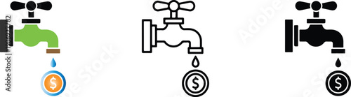 Faucet vector illustration dripping dollar coins, symbolizing financial income or steady revenue.
