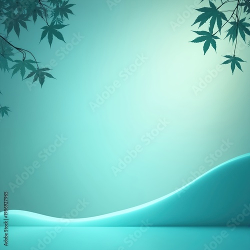 Abstract turquoise backdrop features dark maple leaf shadows and a gentle wave shape on floor. Soft light fades to white at top. Clean, minimalist design for product placement or graphic work.