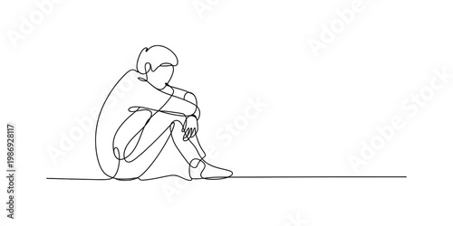 Continuous line drawing of a person sitting alone and feeling very sad or depressed in isolation Vector, illustration