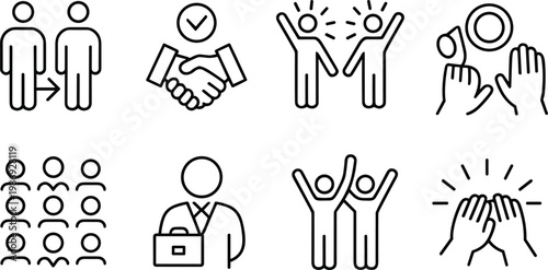 Business and Teamwork Icons with Labels Keywords: people, teamwork, handshake, agreement, success, celebration, applause, audience