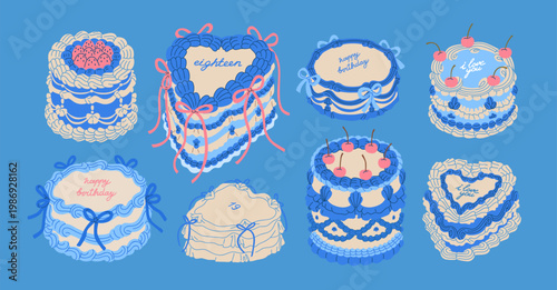 Festive cakes, vintage confectionery designs set. Sweet dessert with retro decor, whipped cream swirls, bows. Round and heart shape holiday patisserie for birthday or wedding. Flat vector illustration