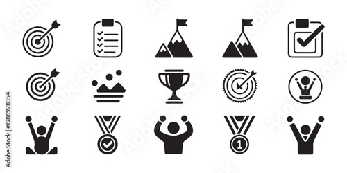 Set of goal achievement icons including targets medals trophies mountains checklists and celebrations.