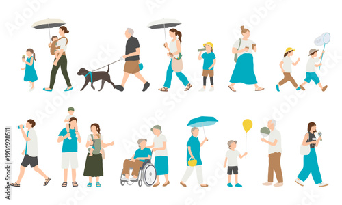 夏の外出シーン 人物セット／歩く・日常生活・家族・子ども・シニア