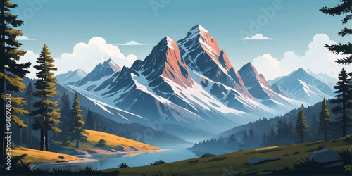 Morning Swiss Alps landscape with snowy mountains valleys glaciers forest lake and cloudy sky