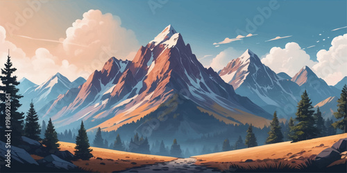 Sunset and sunrise over snowy alpine mountains with peaks, glaciers, clouds, valleys and winter landscape scenery