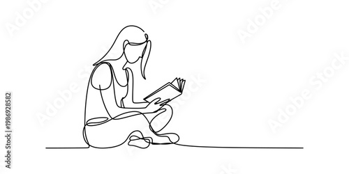A single continuous line drawing of a woman sitting on the floor while reading a small open book Vector, illustration