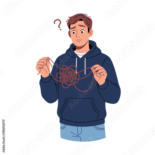 Confused Man Holding Tangled String with Question Mark Above Head.